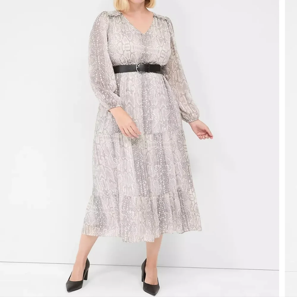 Lane Bryant Light Gray Snake-Print V-Neck Midi Dress Plus Size Light Weight - Picture 1 of 3
